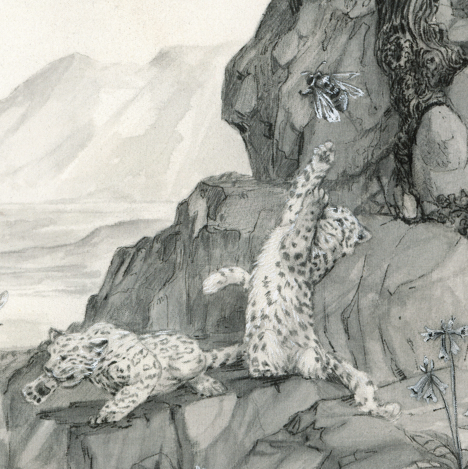 This piece is drawn and painted in grayscale. It depicts an outdoor tableau with foreground rocks and trees framing a distant vista. On the ground leopard cubs play with oversized bees